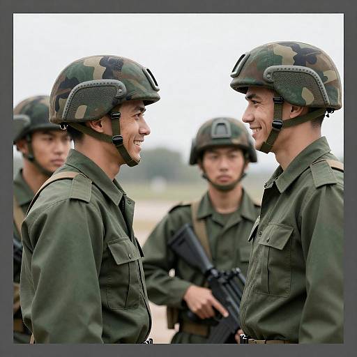 Monochrome High-Contrast Soldiers Conversation Scene