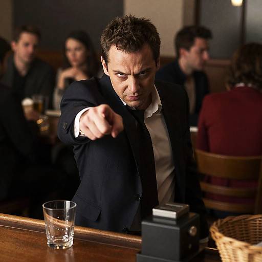 Intense Man in Dark Suit at Restaurant