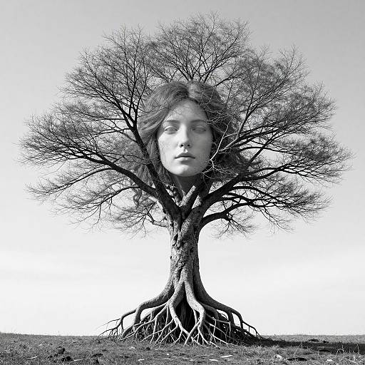 Black-and-white photograph of a leafless tree with a woman's face superimposed on the branches, bare roots visible, against a white sky.