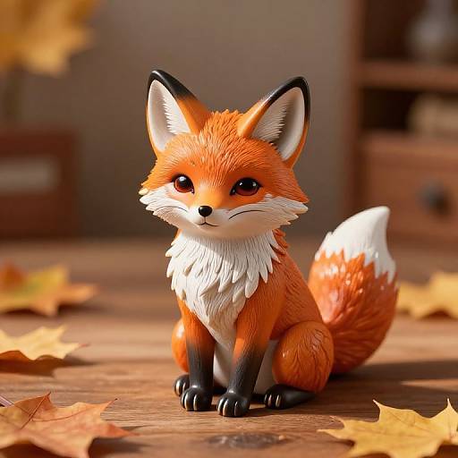Digital art of an adorable, cartoon-style red fox with large eyes, sitting on a wooden floor scattered with autumn leaves.