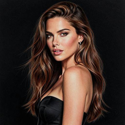 Photograph of a beautiful, long-haired woman with wavy brown hair, wearing a strapless black dress, against a black background.