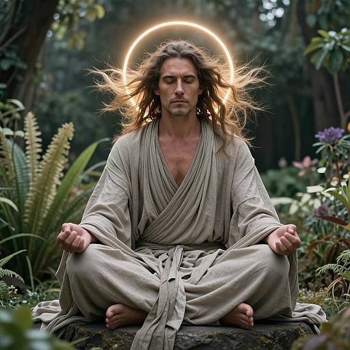 Photograph of a long-haired, bearded man in a beige robe, meditating cross-legged in a forest, with a glowing halo behind his head