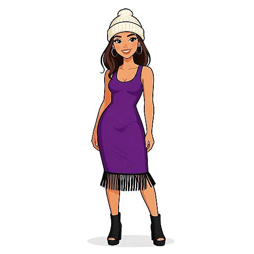 Digital illustration of a smiling woman with tan skin, wearing a white beanie, purple sleeveless dress with black fringe, black ankle boots, and large