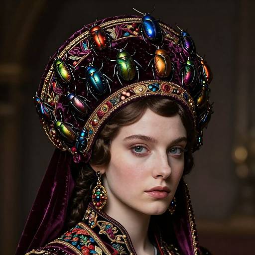 Photorealistic digital portrait of a fair-skinned woman with blue eyes, wearing an elaborate, colorful headdress adorned with glowing beads, and intricate,