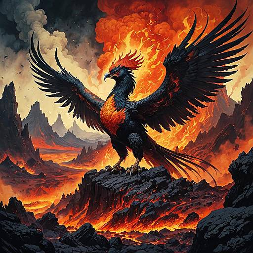 Fiery Phoenix in Volcanic Landscape