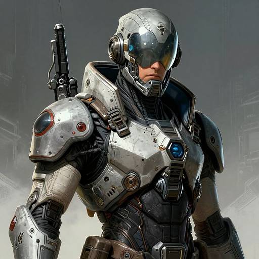 Digital art of a futuristic, armored soldier with metallic silver armor, blue accents, helmet, and gun, standing in a foggy, industrial background.
