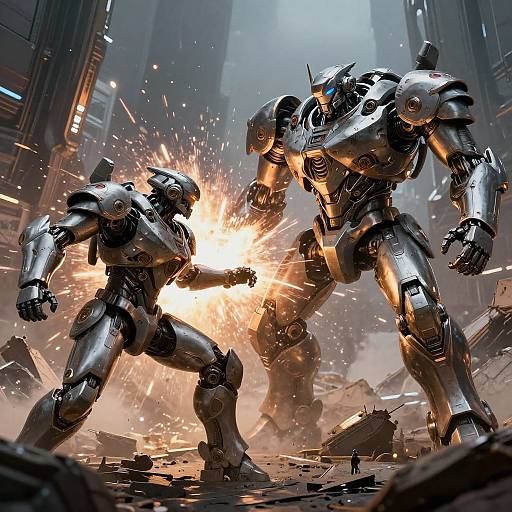CGI image of two metallic robots clashing in an urban ruin, with a bright explosion between them, surrounded by sparks.