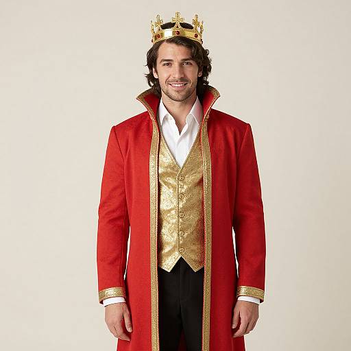 Photograph of a smiling man with curly brown hair, wearing a gold crown, red regal coat with gold trim, white shirt, and black pants