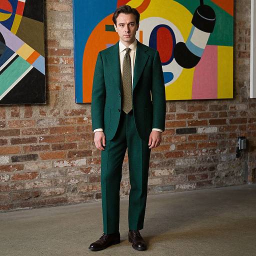Photograph of a young Caucasian man with short brown hair, wearing a dark green pinstripe suit, white shirt, and gold tie, standing in