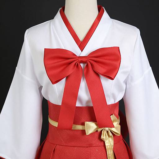 Photograph of a white, long-sleeved Japanese kimono-style top with a large red bow, red skirt, and gold ribbon accents against a