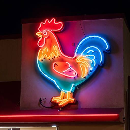 Neon sign of a vibrant red and blue rooster with a glowing heart outline, set against a dark background.