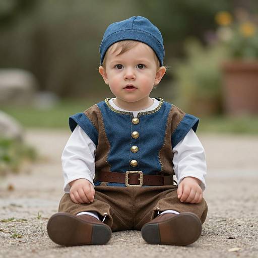 Photograph of a cute, fair-skinned toddler with light brown hair, wearing a blue cap, blue vest, brown pants, white shirt, and