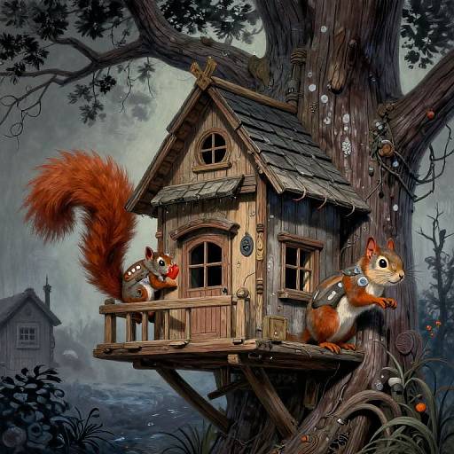 Whimsical digital painting of three red squirrels in a wooden treehouse with a shingled roof, surrounded by a foggy forest.