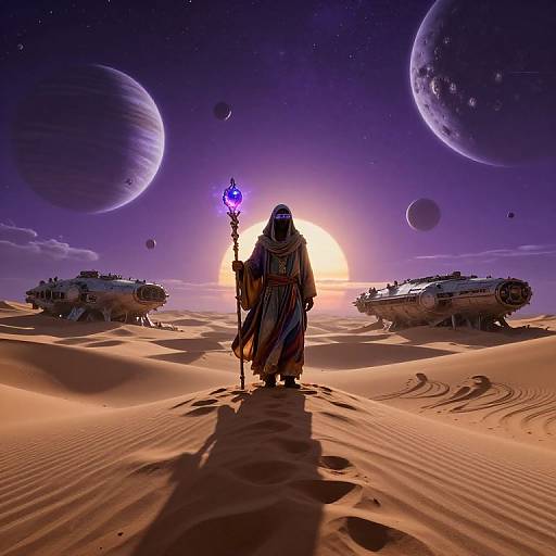 Mysterious robed figure with glowing staff stands in desert, flanked by tanks, under vibrant purple sky with large planets. Digital artwork.