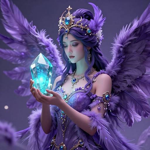 Digital art of a purple-winged, fair-skinned woman with long purple hair, wearing a jeweled crown and holding a glowing blue crystal, against