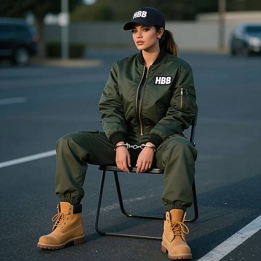 Photograph of a young woman with light skin, dark hair, wearing a black HBR cap, green military jacket, and pants, tan boots,