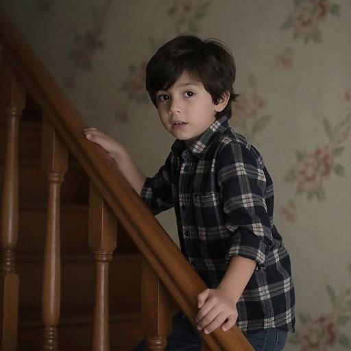 Boy Climbing Staircase in Dim Light