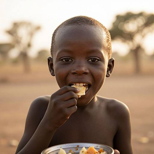 Photograph of a smiling, dark-skinned, young boy eating from a bowl, sunlight behind him, blurred trees in the background.