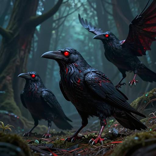 Eerie Mutant Crows in Dark Forest