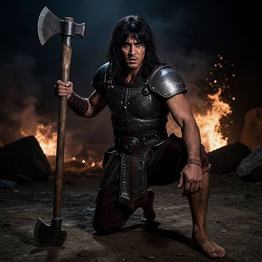 Muscular man with long black hair kneels in dark, fiery background, wearing metallic armor and holding a large axe. Photographic image.