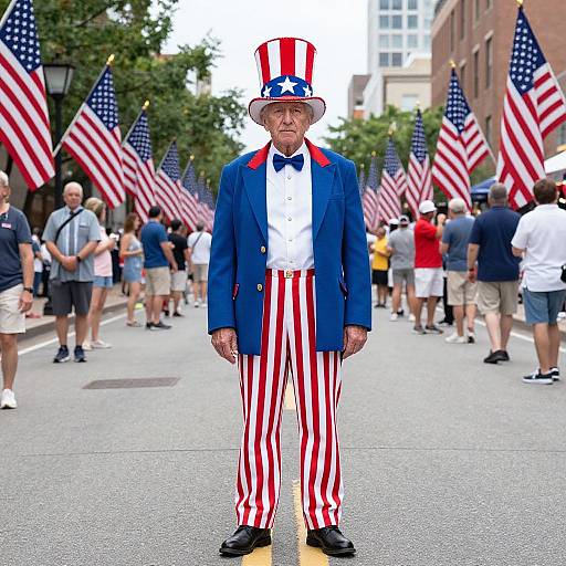 Photograph: Elderly man in blue blazer, white shirt, red and white striped pants, and top hat, standing center of patriotic parade with