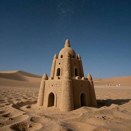 Photograph of a detailed sandcastle with domes and arches, set in a vast, sandy desert under a starry, clear blue night sky