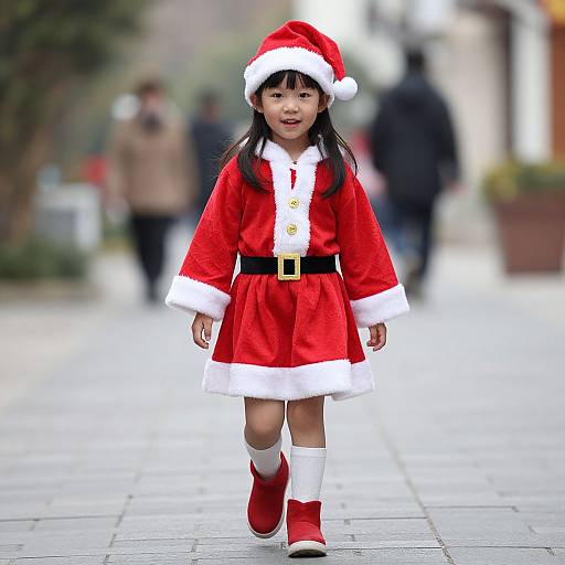 Photograph of an Asian girl in a Santa outfit, red dress with white trim, black belt, Santa hat, white knee socks, and red boots