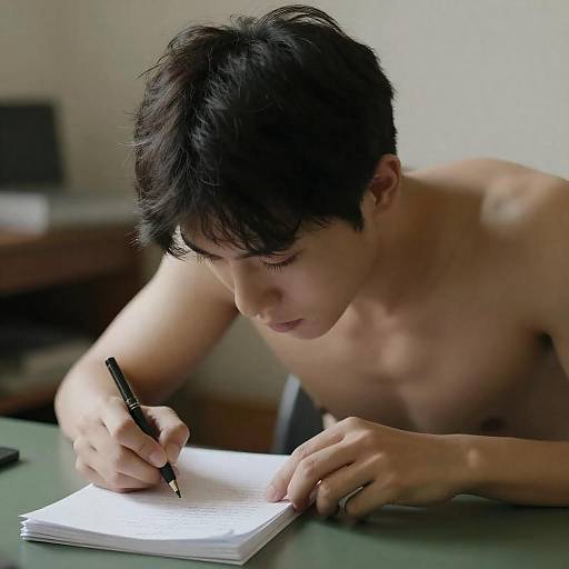 Focused Shirtless Man Over Handwritten Notes