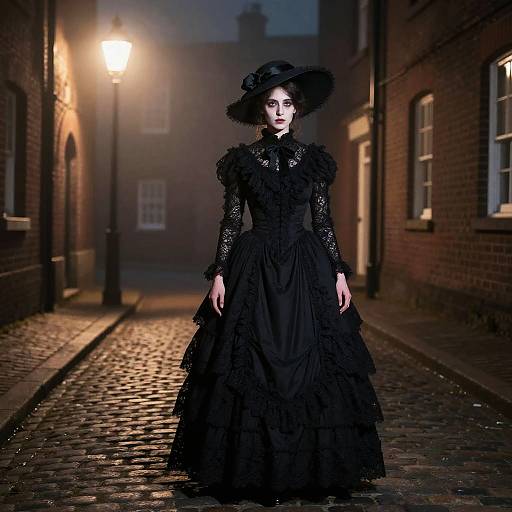Gothic Victorian woman in black lace dress and wide-brimmed hat, standing on dimly lit cobblestone street at night. Photograph.
