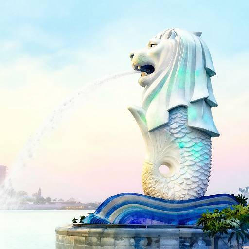 Photograph of Marina Bay Sands' Merlion statue, a white, lion-headed, fish-tailed sculpture with blue waves and palm trees in the foreground
