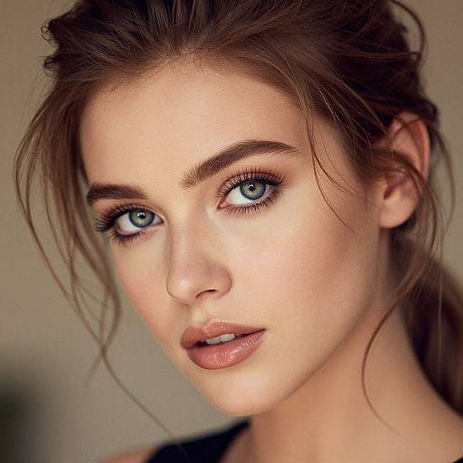 Photograph of a young woman with fair skin, blue eyes, and brown hair in a loose ponytail, wearing subtle makeup with glossy lips, against