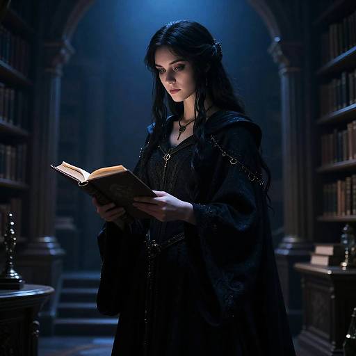 Photograph of a dark-haired woman in medieval attire, illuminated by blue light, reading a book in a dimly lit, book-filled library with ar