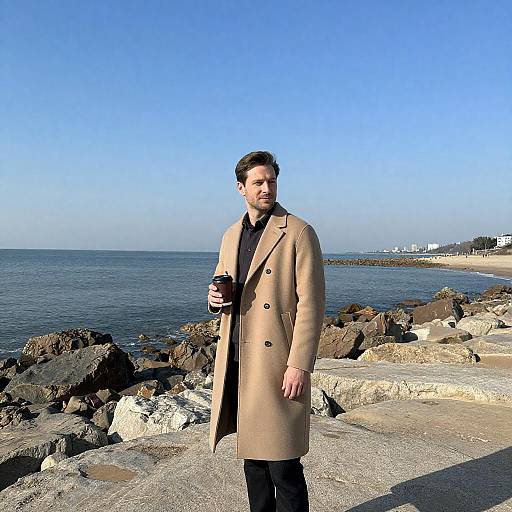 Man in Beige Overcoat on Rocky Beach