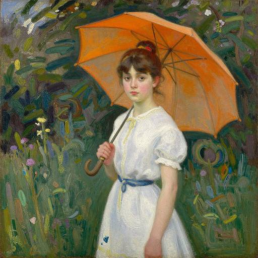 Impressionist painting of a young woman with pale skin, brown hair in a bun, wearing a white dress and holding an orange umbrella, standing in