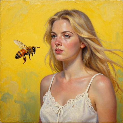Digital painting of a blonde woman in a white lace camisole, gazing at a hovering bee against a vibrant yellow background.