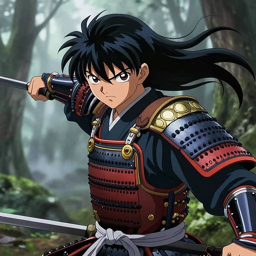 Anime-style illustration of a determined samurai with black hair, wearing red and black armor, gripping a sword in a misty forest.