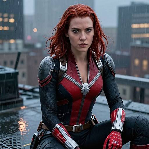 Photograph-style CGI of a red-haired woman in a red and black Spider-Woman suit, crouching on a rainy rooftop, urban background.