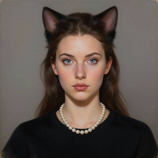 Digital portrait of a fair-skinned woman with blue eyes, brown hair, black cat ears, and a pearl necklace, wearing a black top against a