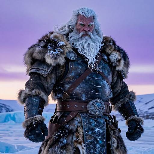 Photograph of a white-bearded, muscular man in fur-lined, armored Viking attire, standing in a snowy, icy landscape at twilight.