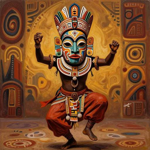 Digital painting of a blue-faced, masked deity in a vibrant, ornate headdress and red loincloth, posing dynamically against a golden, pattern