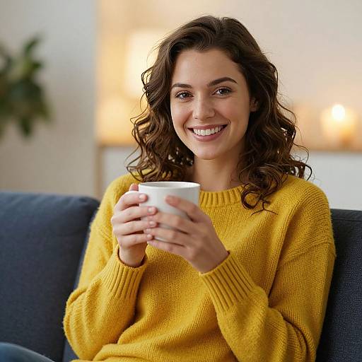 Photograph of a smiling woman with curly brown hair, wearing a yellow knit sweater, holding a white mug on a dark blue couch in a warmly lit