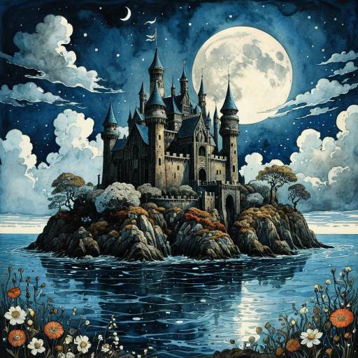 Ancient Castle on Rocky Island Under Full Moon
