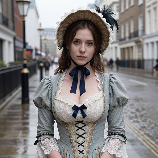 Photorealistic digital art of a pale-skinned woman with brown hair in a blue corset dress, lace trim, black ribbon, and straw hat