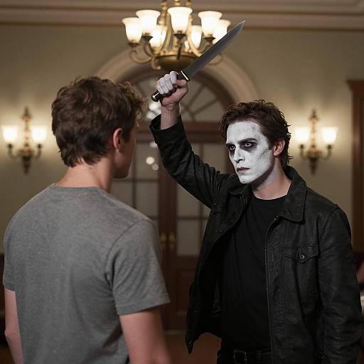 Man with White Face Paint Holding Knife in Dim Room