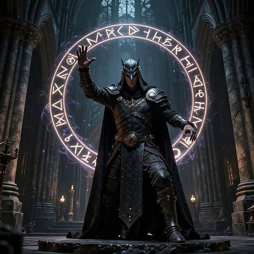 Digital artwork of a dark armored Batman-like figure with a glowing, runes-filled circular background in a gothic cathedral. Hand raised, intense gaze, imposing