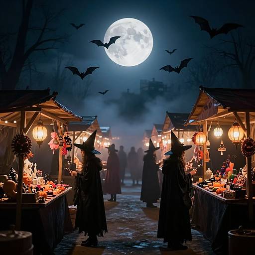 Photograph of a moonlit Halloween market with silhouetted witches, glowing lanterns, bats, and vendors' booths filled with autumn decorations.