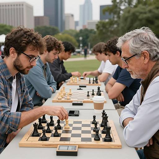 Outdoor Chess Game Amid City Skyline