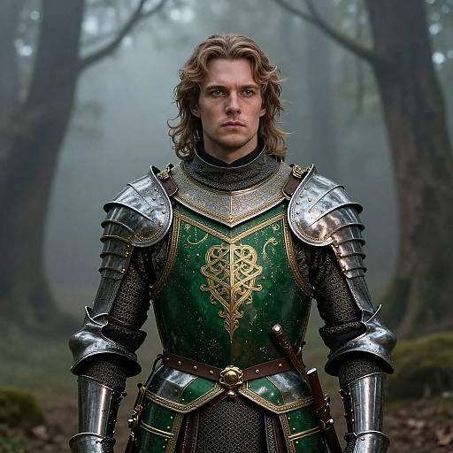 Photorealistic CGI of a serious, blonde-haired man in medieval green and silver armor standing in a misty forest.