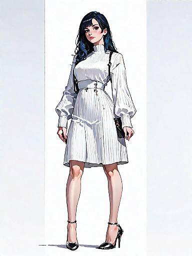 Full-Body Woman in Sky-Blue Ribbed Dress