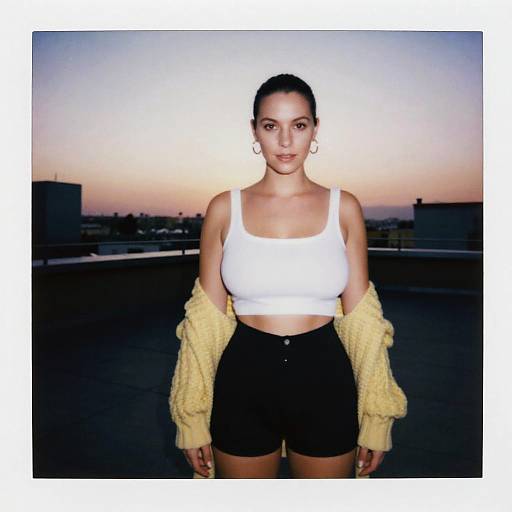 Photograph of a woman with dark hair in a bun, wearing a white crop top, black shorts, yellow sweater, standing against a twilight city skyline